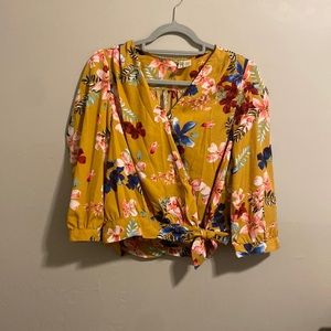 Mustard colored, floral, wrap-tie, v-neck, crop top
